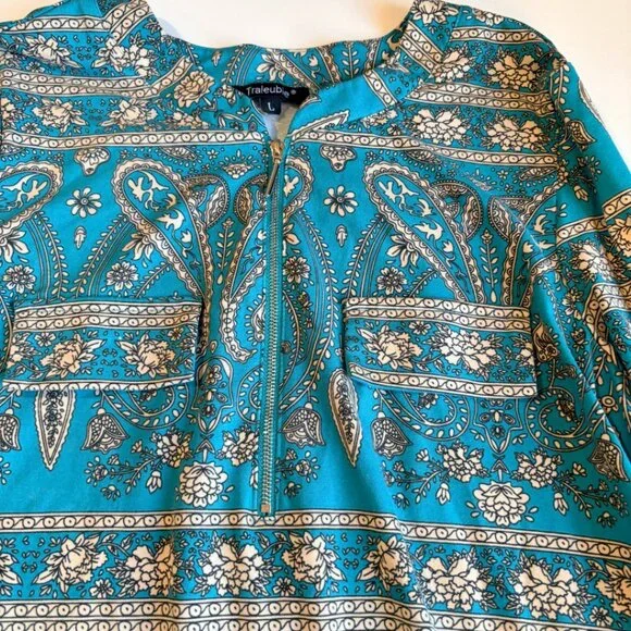 Traleubie Turquoise Paisley Zip Tunic Top whimsigoth Swing Blouse L - Picture 6 of 8